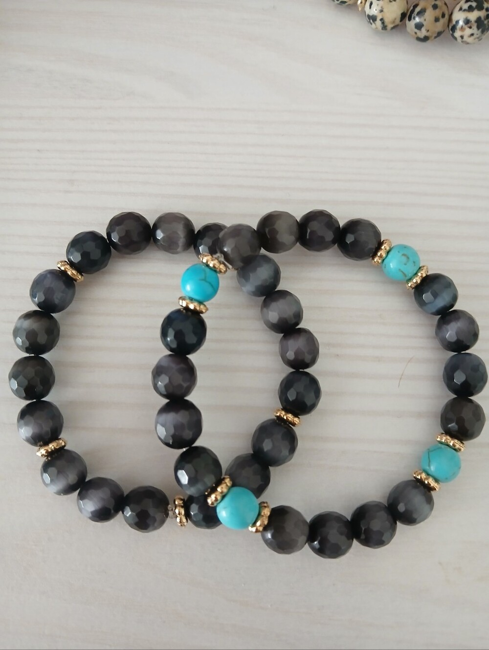 Black Faceted Bead Stretch Bracelet with Turquoise Accent